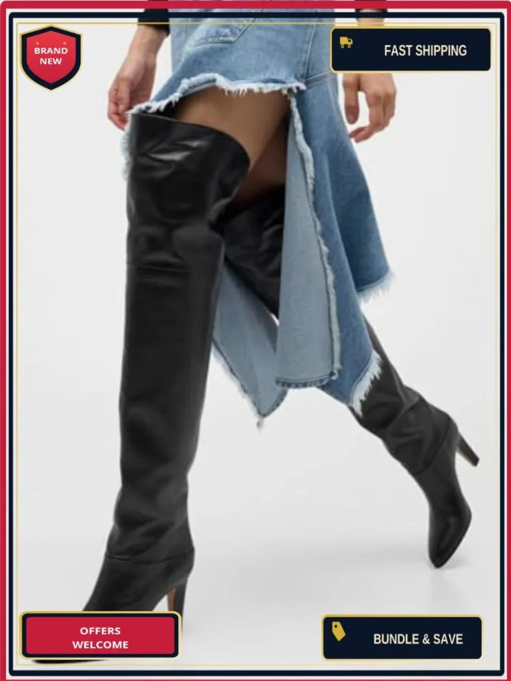 Womens Thigh High Boots Pointed Toe Chunky Heel Wide Calf Over the Knee Winter